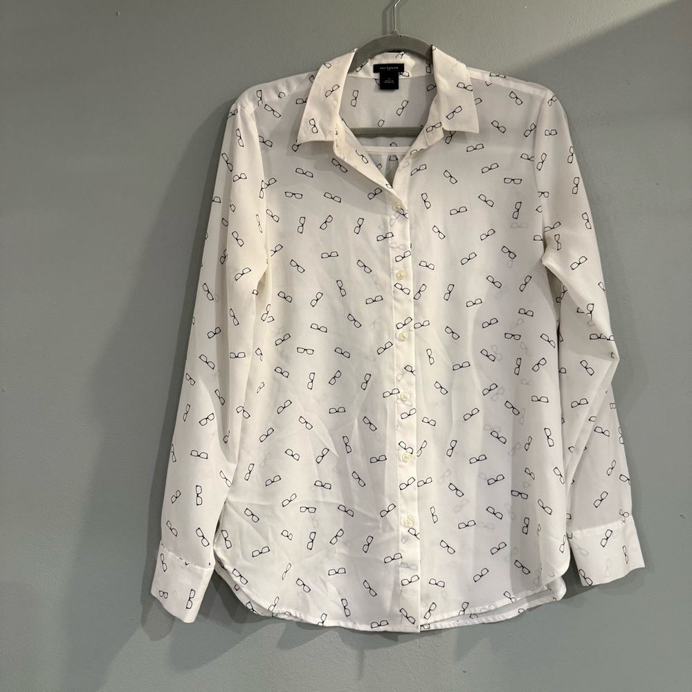 Ann Taylor White Shirt with Glasses Pattern